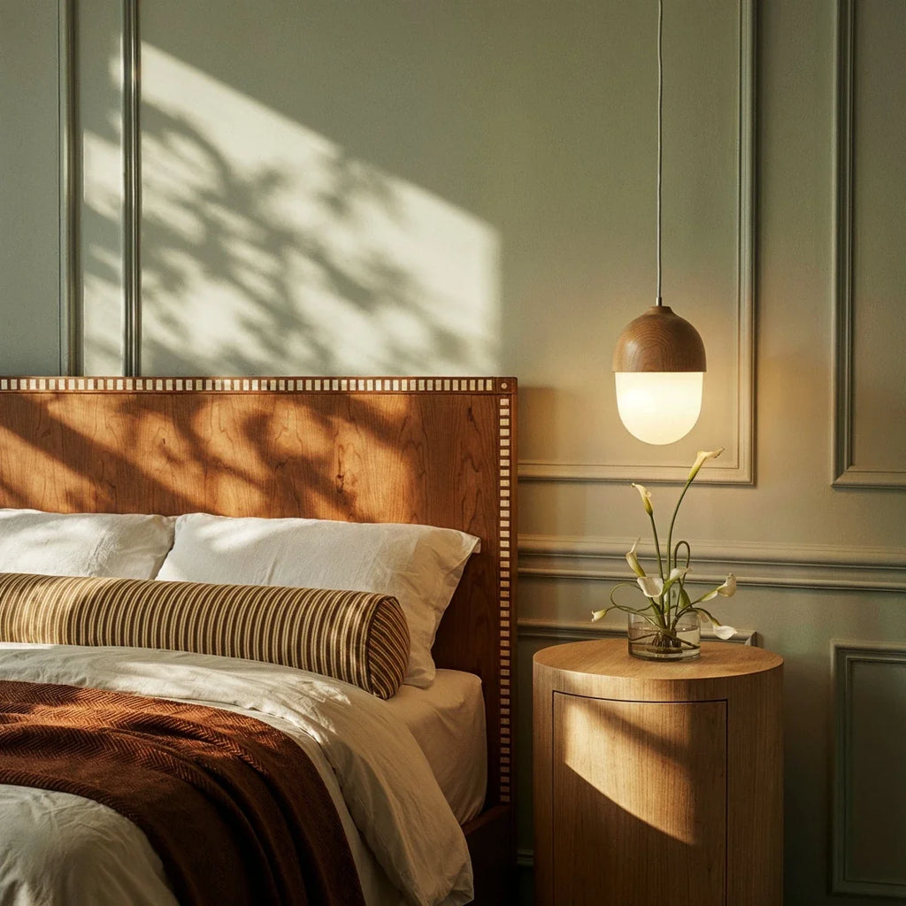 Clérachic acorn pendant lit beside a bed in a green panelled bedroom