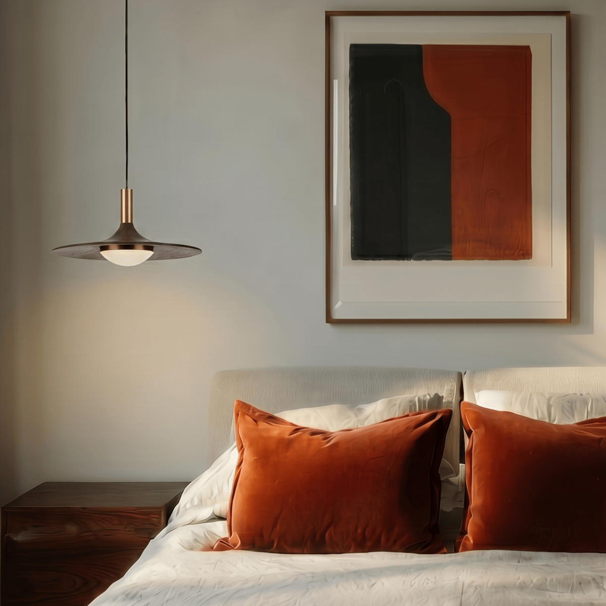 Clérachic saucer pendant hanging low beside a bed with rust-coloured cushions