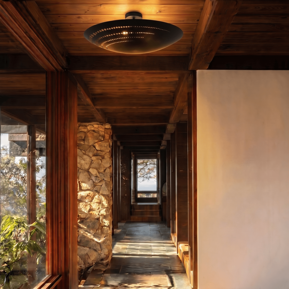 Clérachic ceiling light in matte black lighting a timber corridor beside a rough stone pillar.