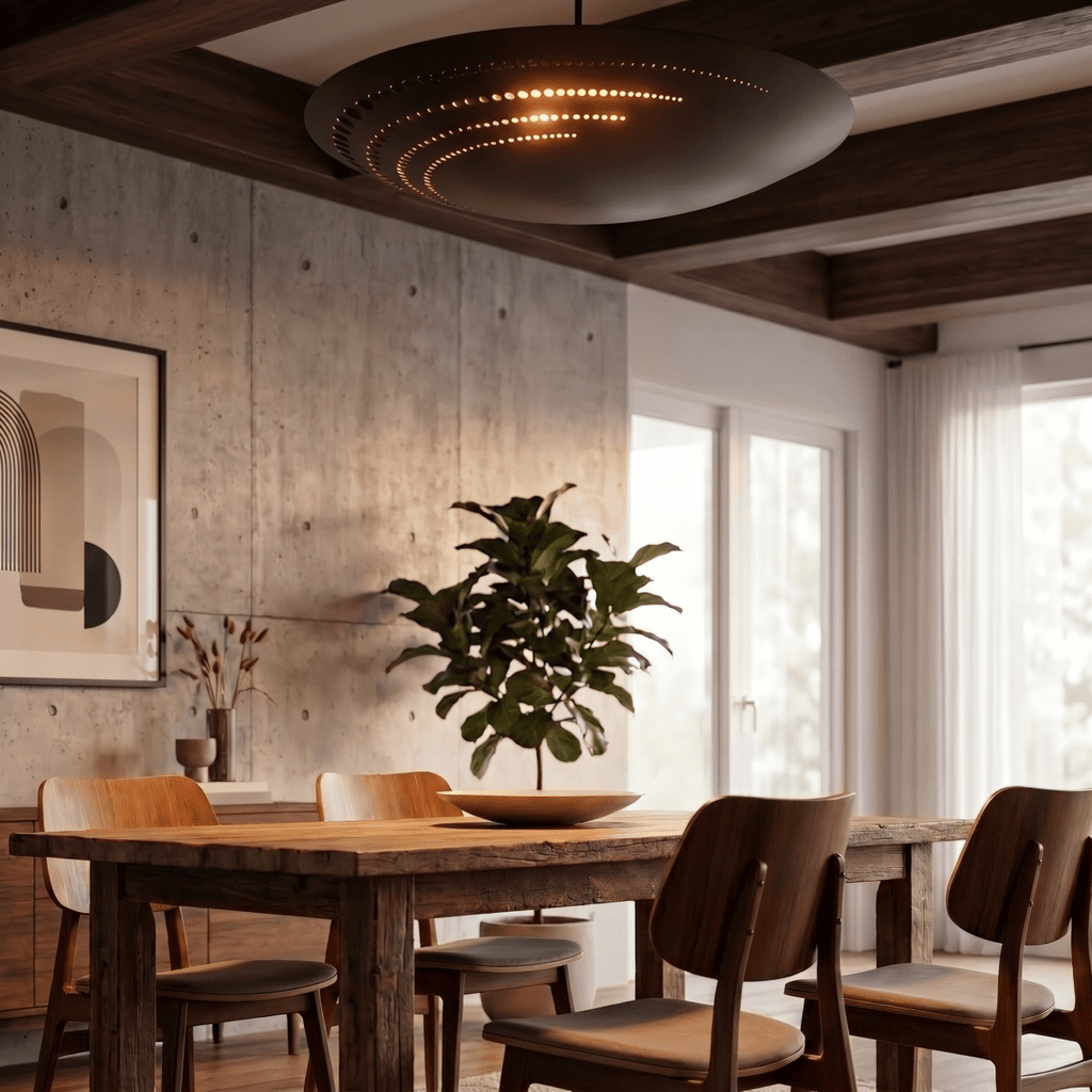 Clérachic ceiling light in matte black glowing above a wood dining table beside a concrete accent wall.