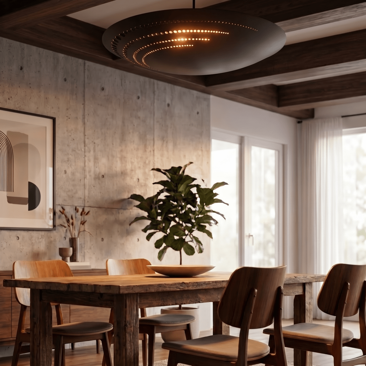 Clérachic ceiling light in matte black glowing above a wood dining table beside a concrete accent wall.