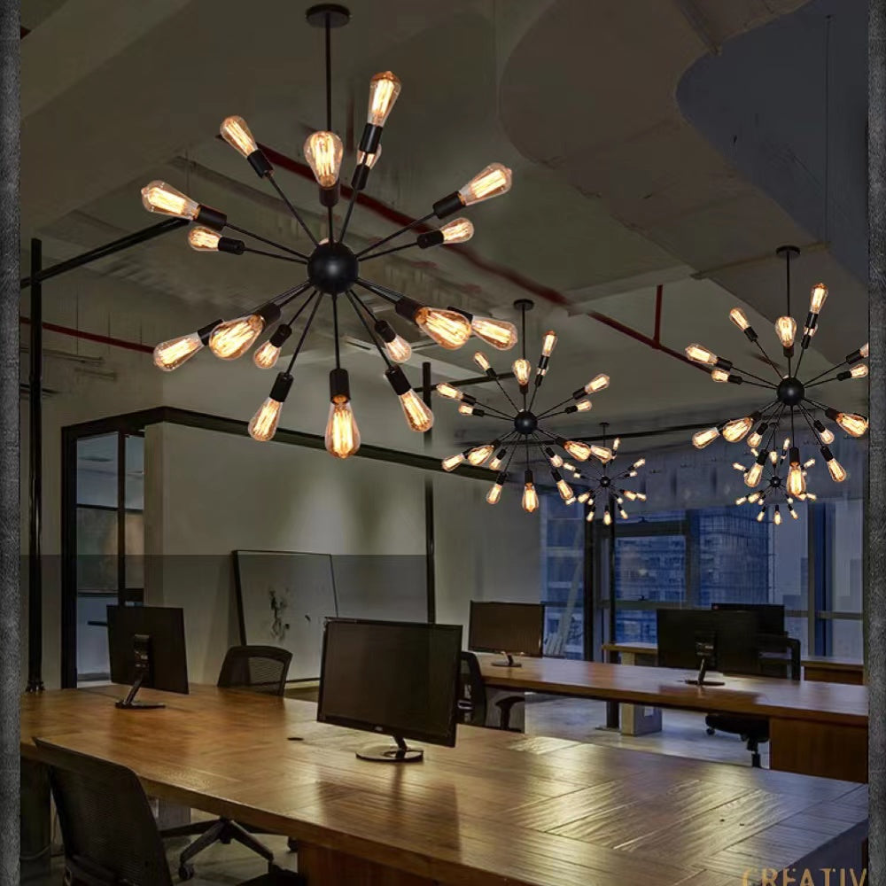 18-Light Sputnik Chandelier In Matte Black Metal, Industrial Style