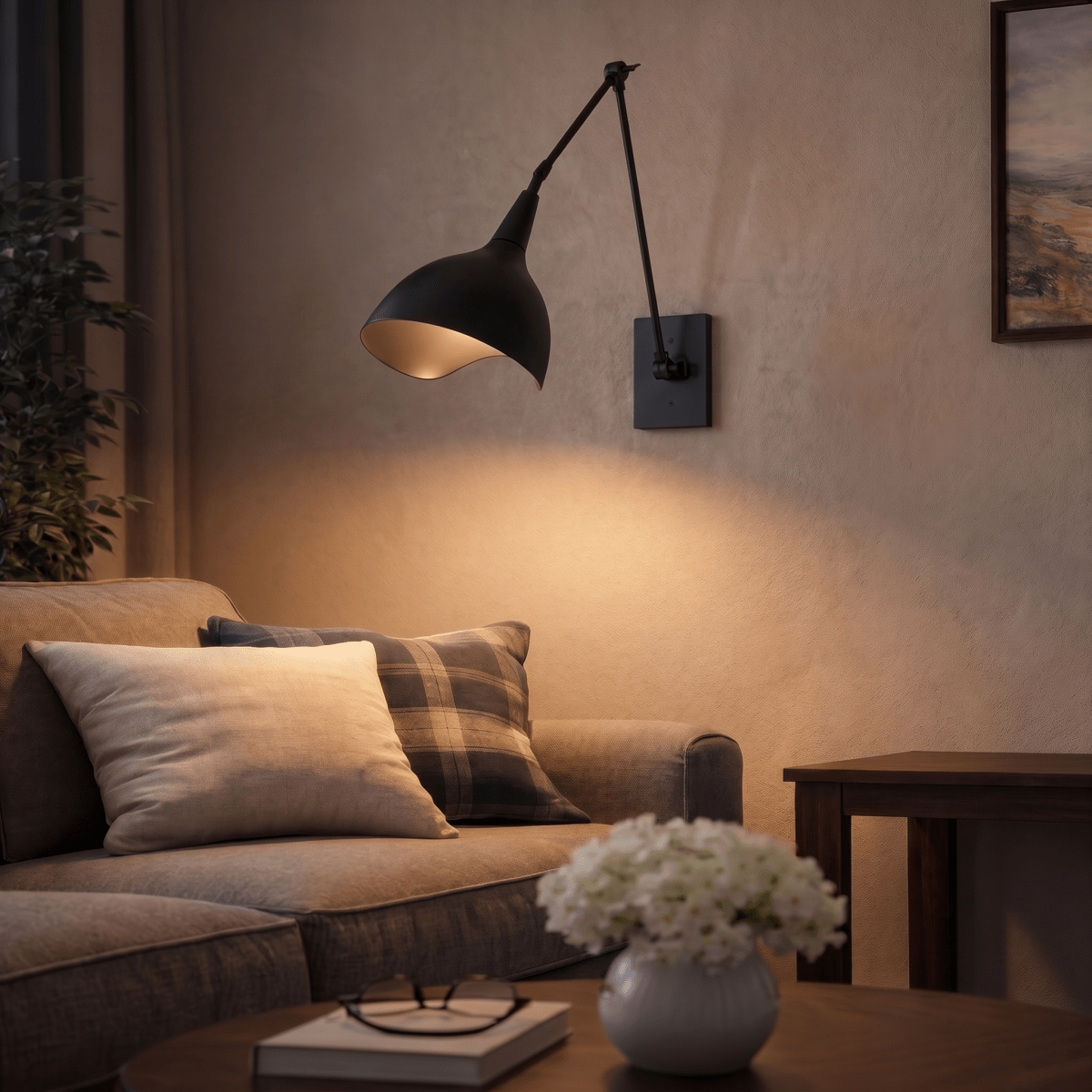 A black Clérachic wall lamp lights a sofa corner with plaid pillows and a book and glasses nearby.