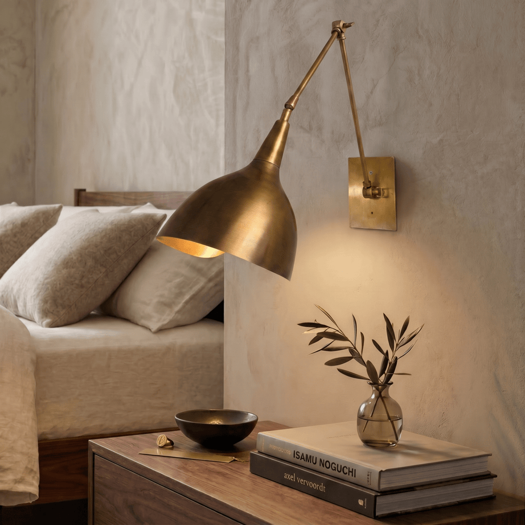 This brass Clérachic wall lamp lights a bedroom nightstand stacked with books beside a small glass vase.