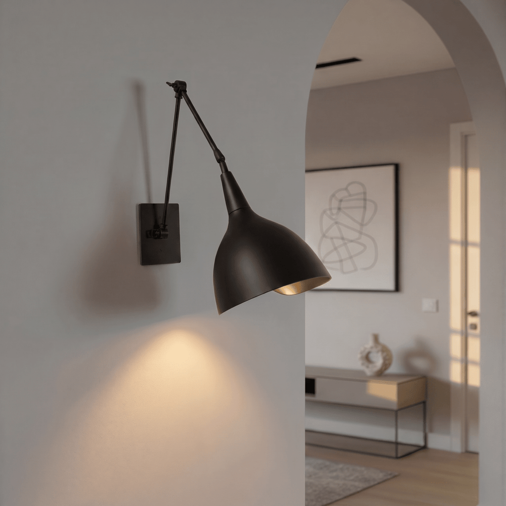 A black Clérachic wall lamp lights a hallway arch leading to a console table and framed line art.