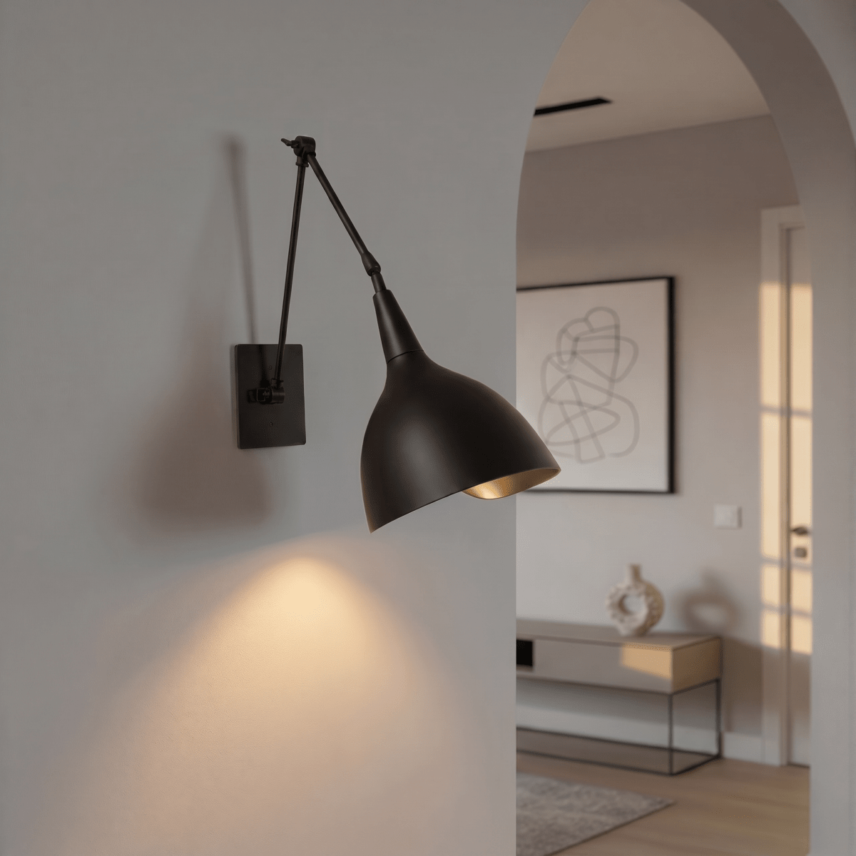 A black Clérachic wall lamp lights a hallway arch leading to a console table and framed line art.