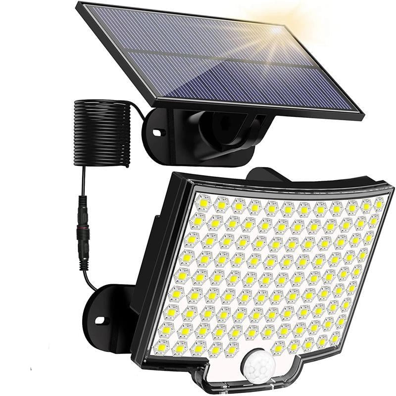 Clérachic solar security light with its 106-LED panel and separate tilting solar panel on a cable.
