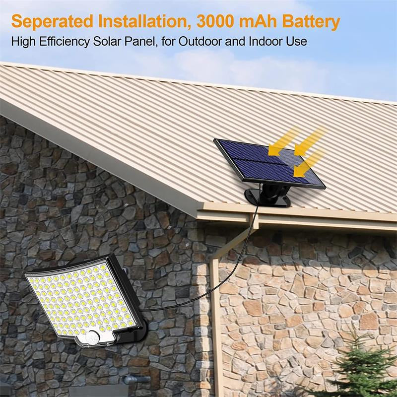 Diagram showing the Clérachic light and its solar panel mounted apart, panel on a roof edge.