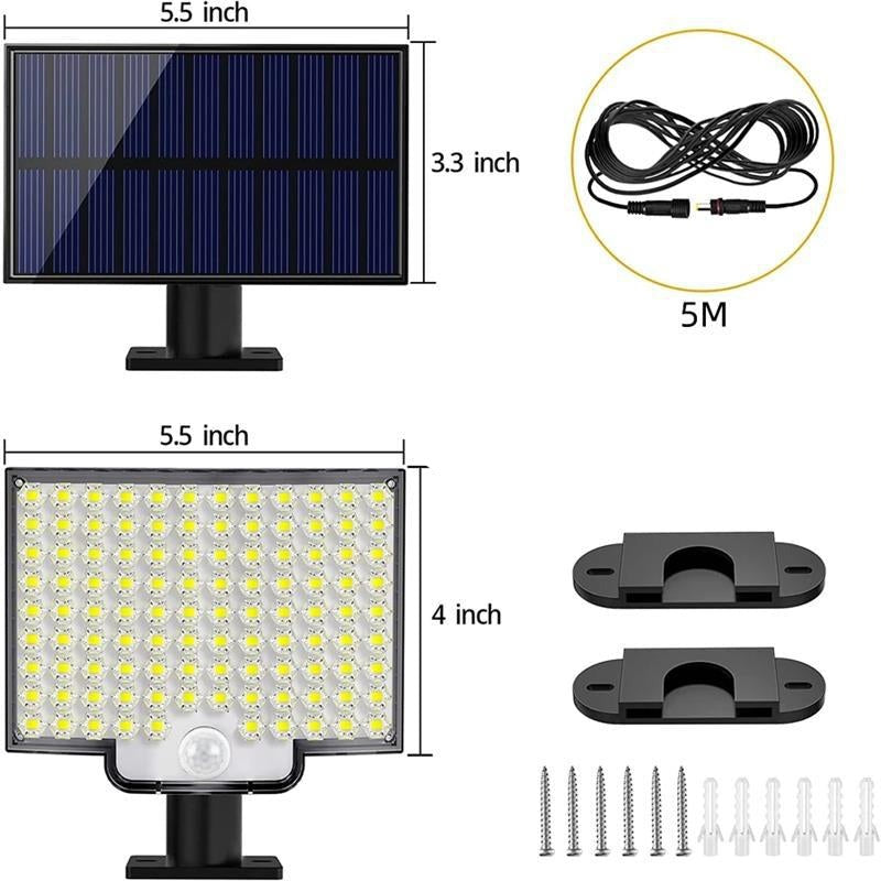 Dimension drawing: Clérachic solar light 5.5 by 4 inch, panel 5.5 by 3.3 inch, with a 5 m cable.