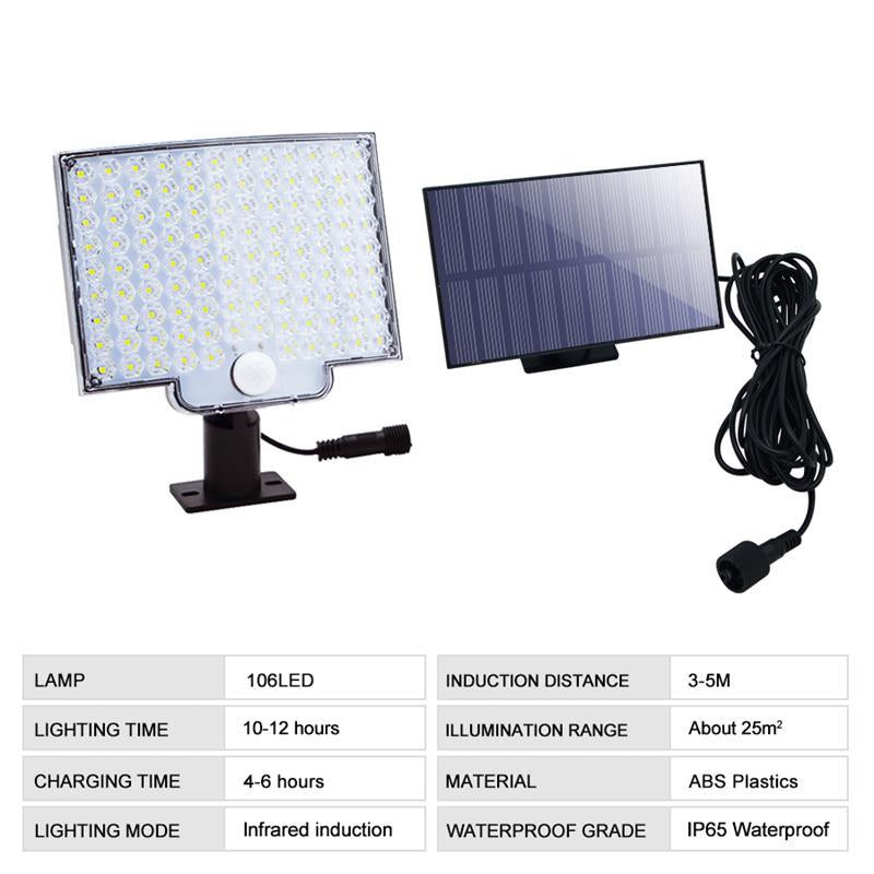 The Clérachic solar light and panel beside a spec table listing 106 LEDs and IP65 weatherproofing.