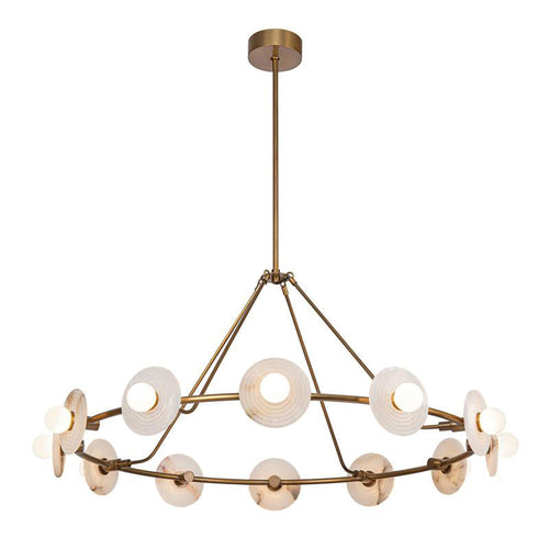 Clérachic 12-Light Alabaster Ring Chandelier in the copper frame, twelve alabaster and glass heads set around one steel hoop.