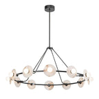 Black-framed Clérachic 12-Light Alabaster Ring Chandelier seen straight on, opal globes ringed by veined stone discs.