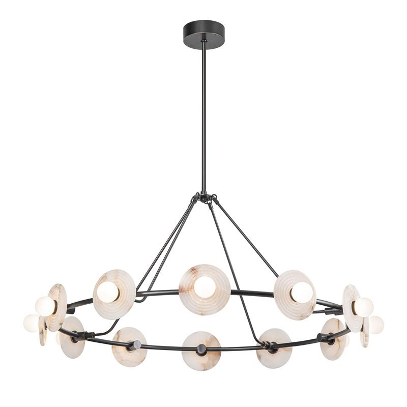Black-framed Clérachic 12-Light Alabaster Ring Chandelier seen straight on, opal globes ringed by veined stone discs.