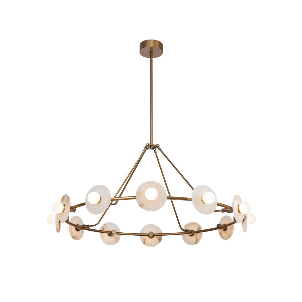 The copper Clérachic 12-Light Alabaster Ring Chandelier at full drop, one rigid centre rod and four stay-rods holding the hoop level.