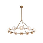 The copper Clérachic 12-Light Alabaster Ring Chandelier at full drop, one rigid centre rod and four stay-rods holding the hoop level.
