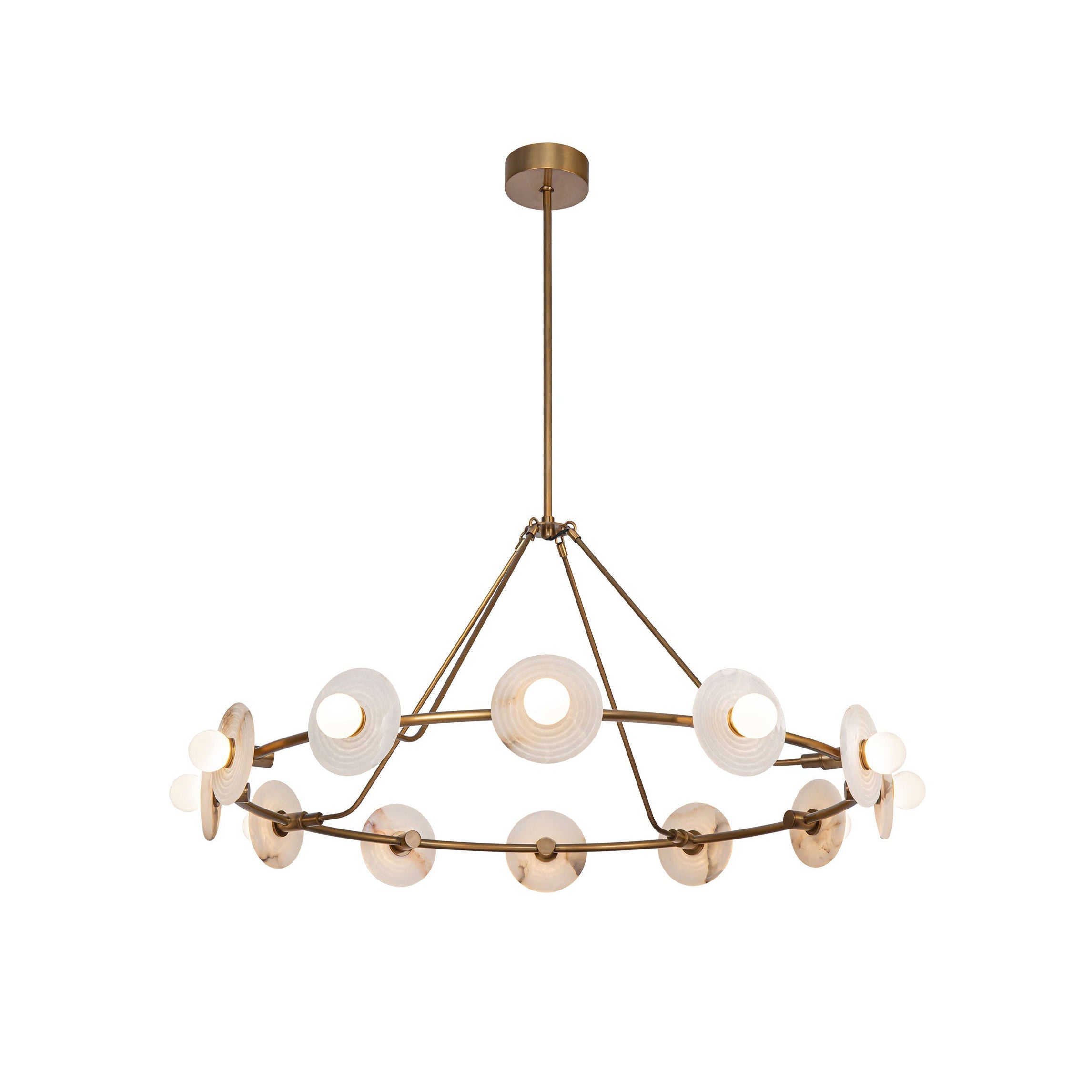 The copper Clérachic 12-Light Alabaster Ring Chandelier at full drop, one rigid centre rod and four stay-rods holding the hoop level.