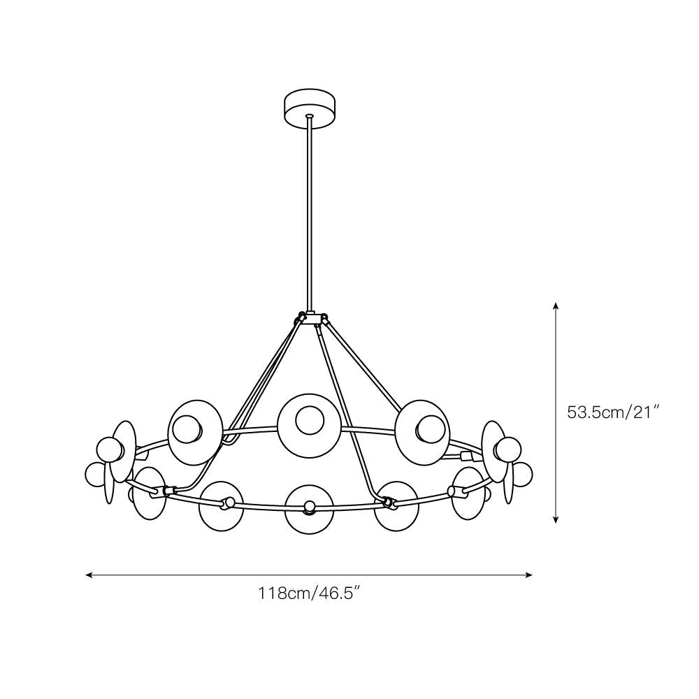 Dimension drawing for the Clérachic alabaster ring chandelier, 118 cm (46.5″) wide and 53.5 cm (21″) high.
