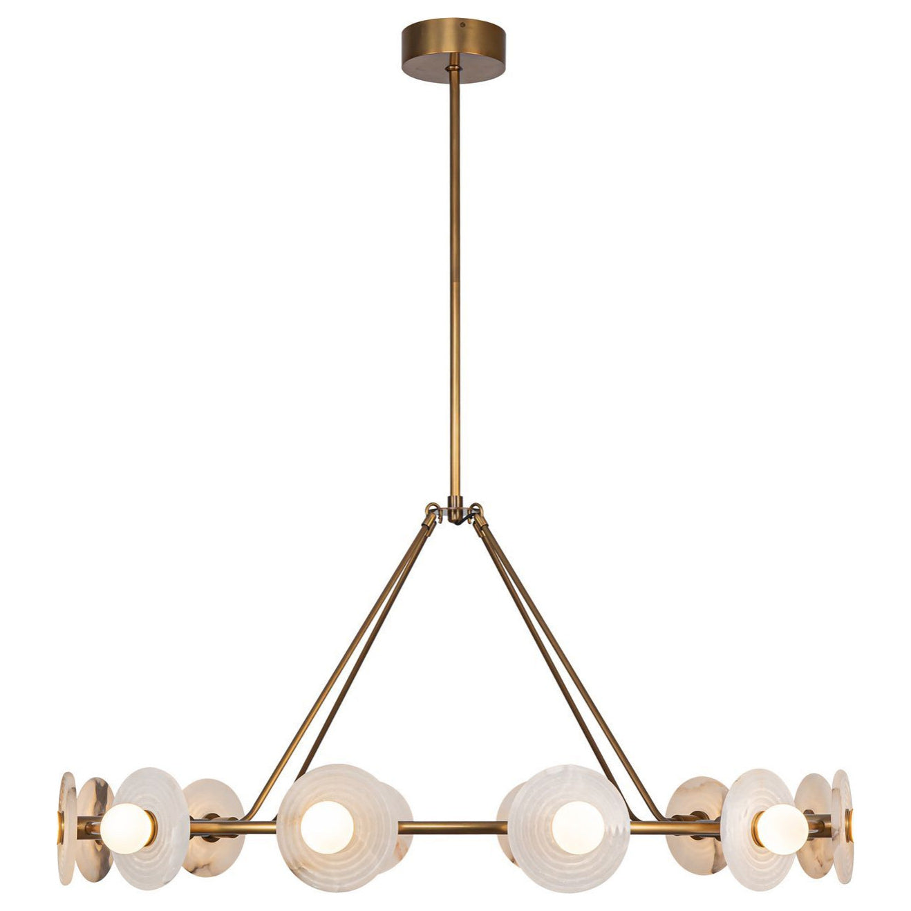 The Clérachic 12-Light Alabaster Ring Chandelier seen at eye level in copper, four lit globes glowing along the front of the ring.