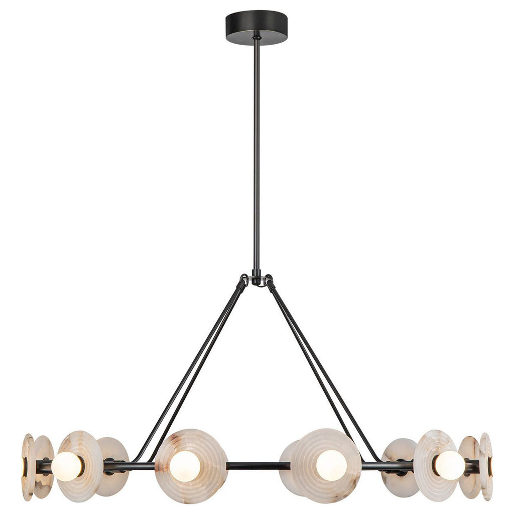 Clérachic 12-Light Alabaster Ring Chandelier at eye level in black, the lit globes reading bright against the dark frame.