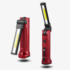 Clérachic folding work light in red, shown from both sides with its COB panel swung open.