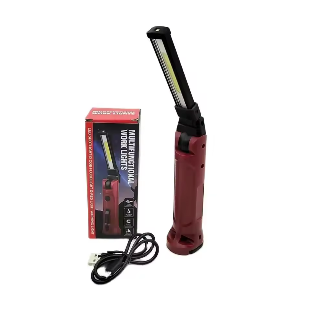 Clérachic work light beside its retail box and USB charging cable on a white background.