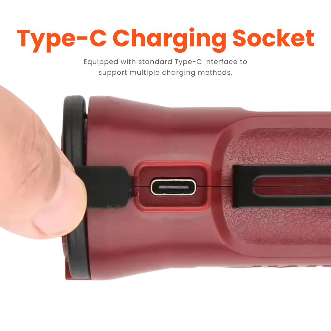 Close-up of the Clérachic work light's USB Type-C charging socket with a cable being fitted.