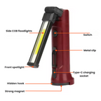 Labelled diagram of the Clérachic work light: COB floodlight, spotlight, clip, hook and magnet.