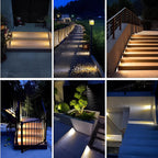 Six scenes of Clérachic step lights fitted to garden stairs, decking and pathways at night.