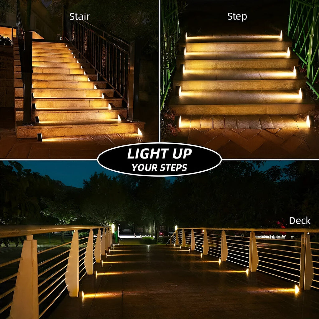 Clérachic step lights lighting a stair, a step edge and a deck rail across three panels.