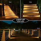 Clérachic step lights lighting a stair, a step edge and a deck rail across three panels.