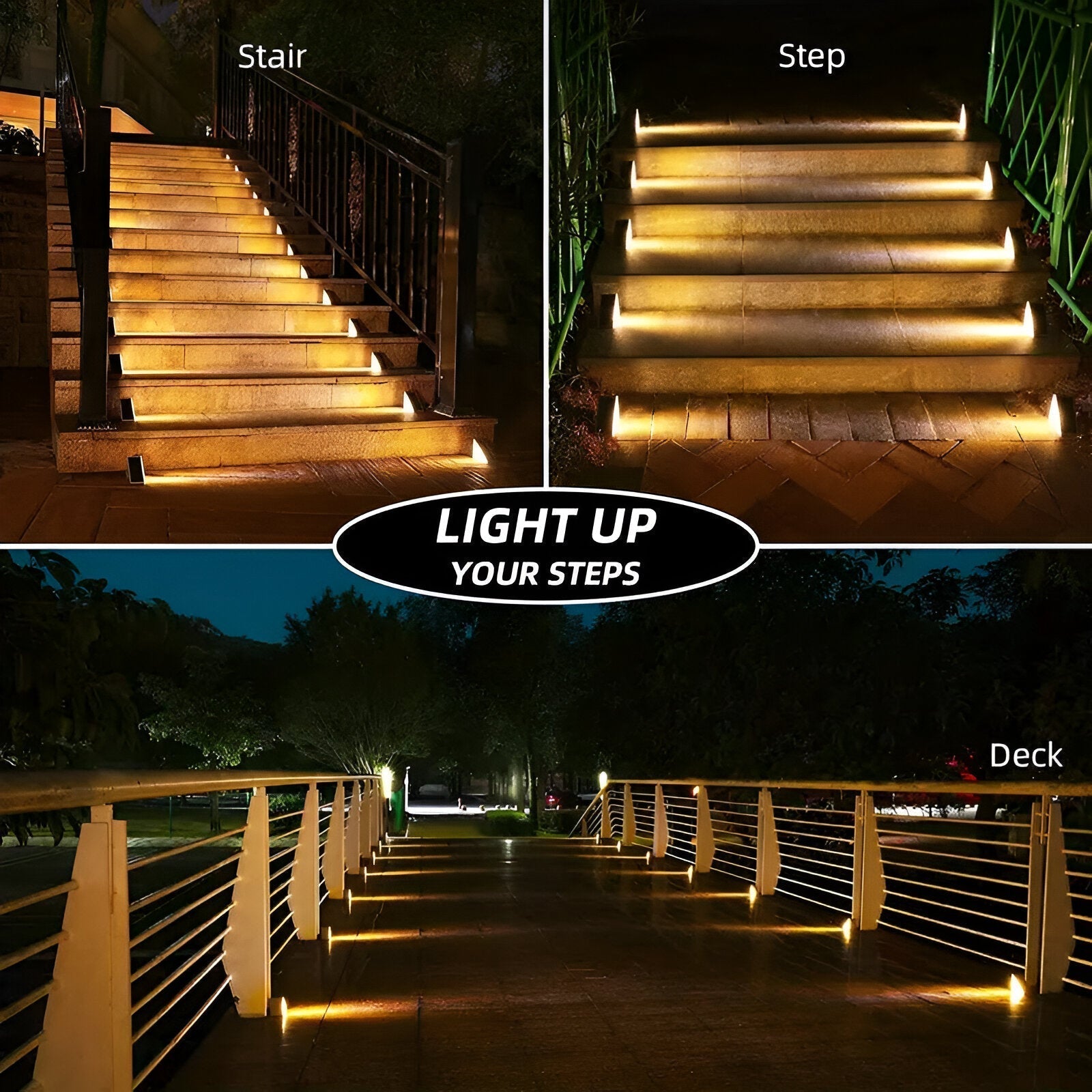 Clérachic step lights lighting a stair, a step edge and a deck rail across three panels.