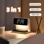 The Clérachic bedside station labelled as wireless charger, alarm clock and night light.