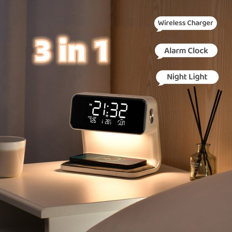 The Clérachic bedside station labelled as wireless charger, alarm clock and night light.