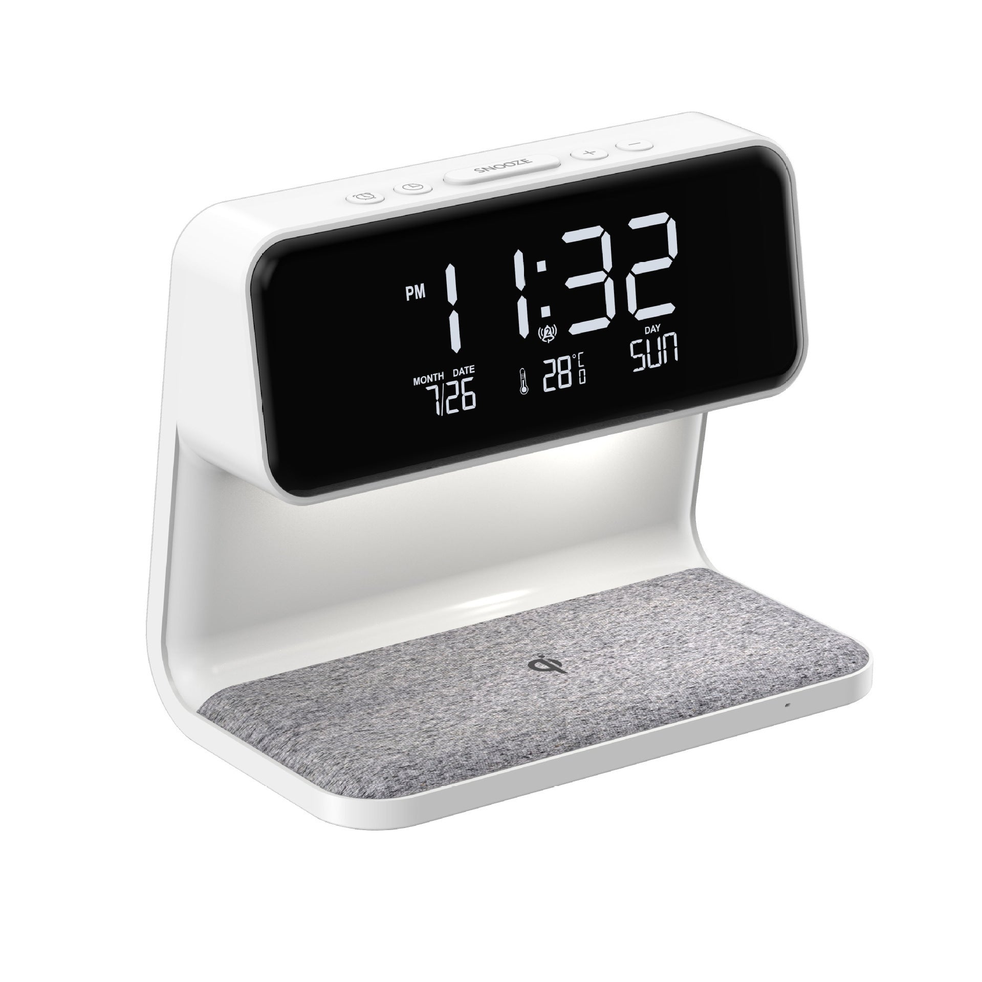 The Clérachic bedside station on white, showing the clock face and fabric charging pad.