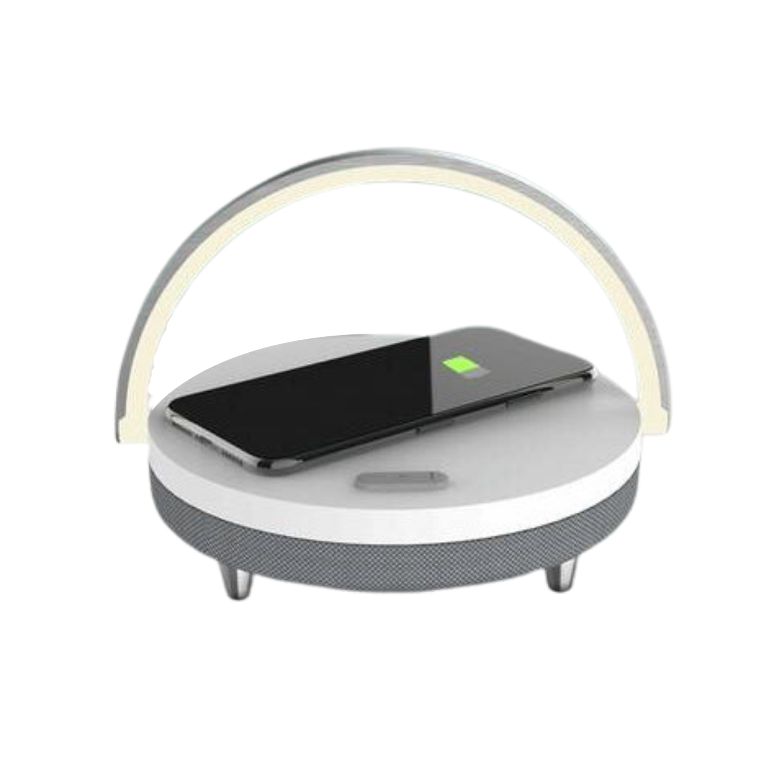Clérachic 3-in-1 desk lamp in white, its arched LED bar above a wireless charging pad and speaker.