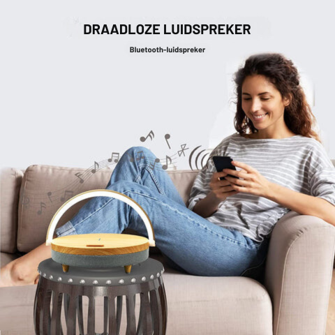 Dutch-labelled panel showing the Clérachic lamp used as a Bluetooth speaker beside a sofa.
