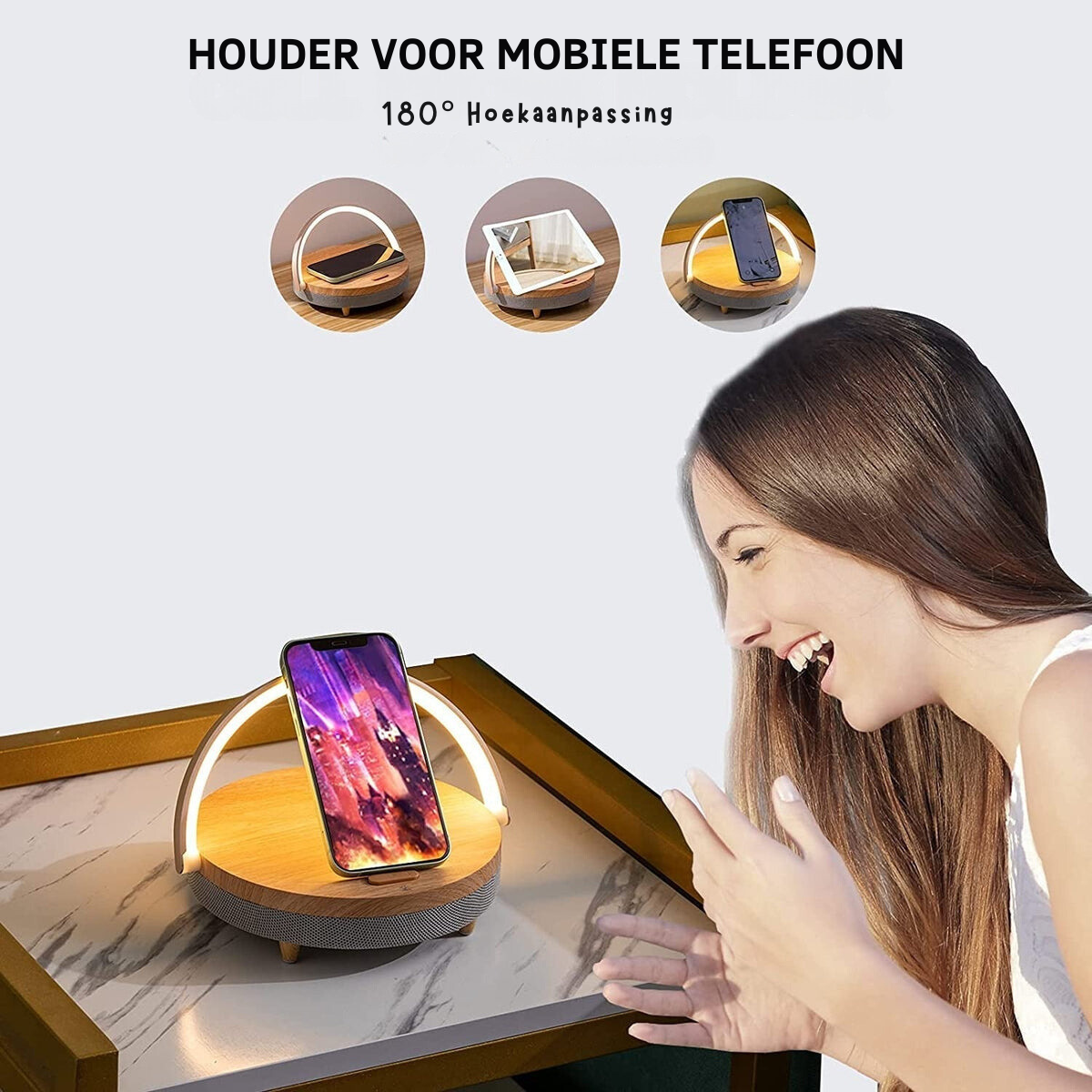 Dutch-labelled panel showing the Clérachic lamp holding a phone upright at an adjustable angle.