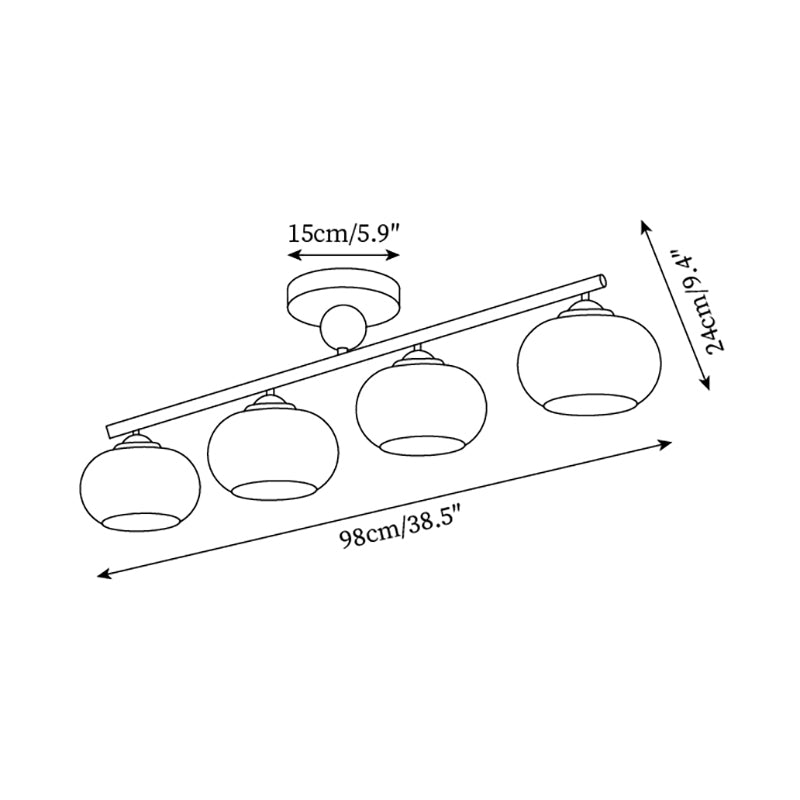 Dimension drawing for the Clérachic 4-Dome Glass Bar Ceiling Light: 98cm/38.5″ long, 24cm/9.4″ high, canopy 15cm/5.9″ across.