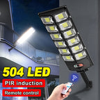 Clérachic 504-LED solar street light with its remote, panels of LEDs across a black housing.