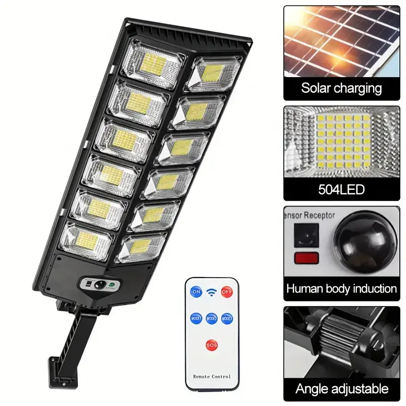 Clérachic solar street light beside detail panels for solar charging, LEDs, sensor and bracket.