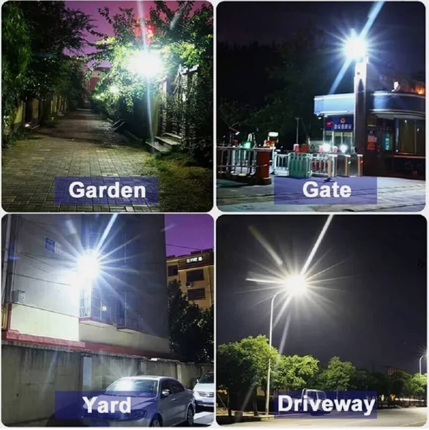 The Clérachic solar light shown lighting a garden, gate, yard and driveway at night.