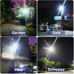 The Clérachic solar light shown lighting a garden, gate, yard and driveway at night.