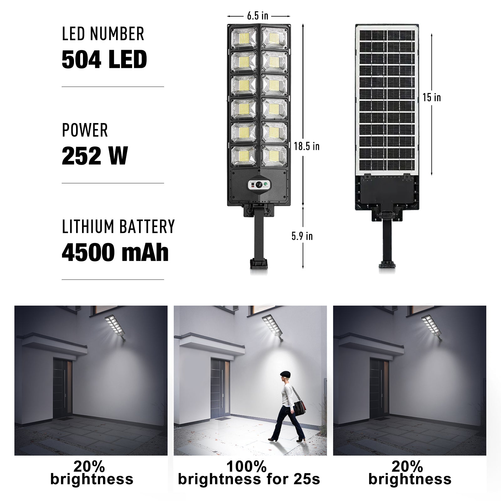 Spec panel: Clérachic light with 504 LEDs, 252 W and a 4500 mAh battery, plus brightness modes.