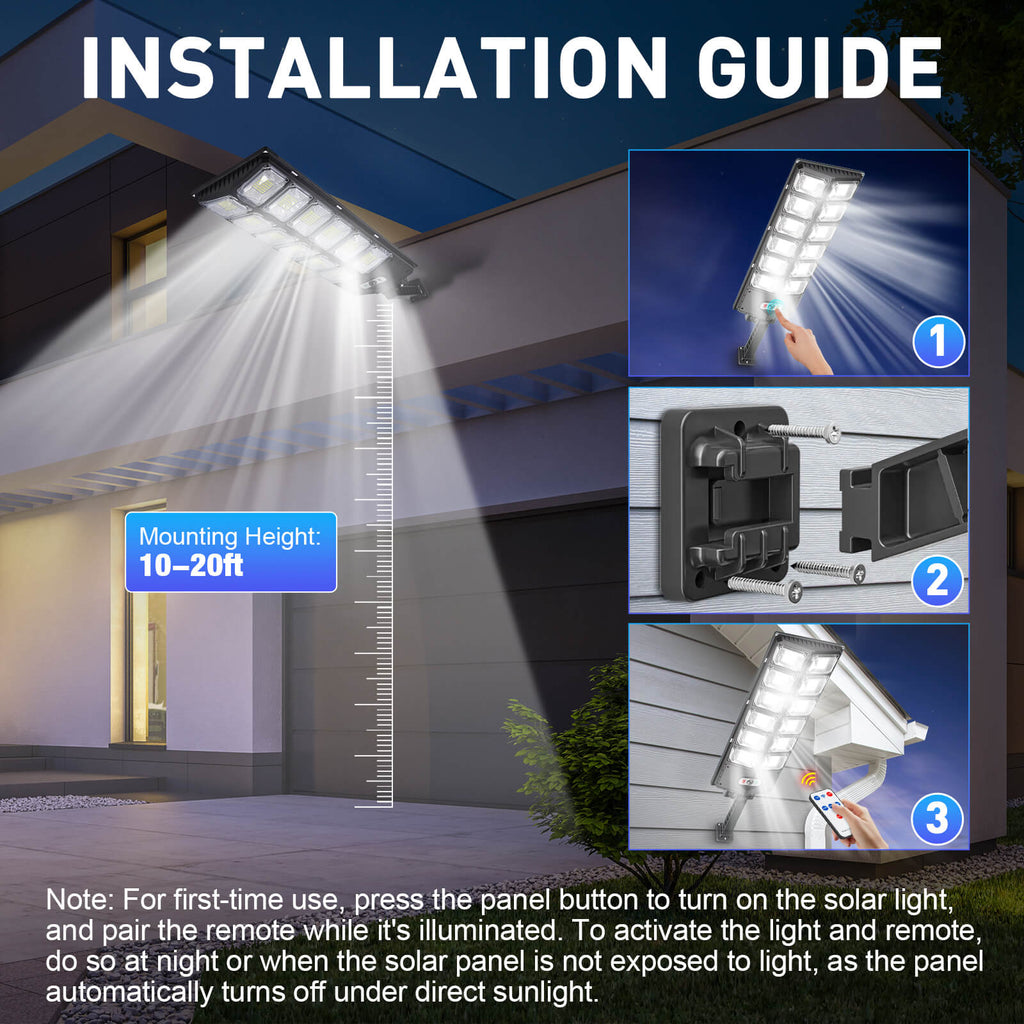 Installation guide for the Clérachic solar light, showing a 10 to 20 foot mounting height.