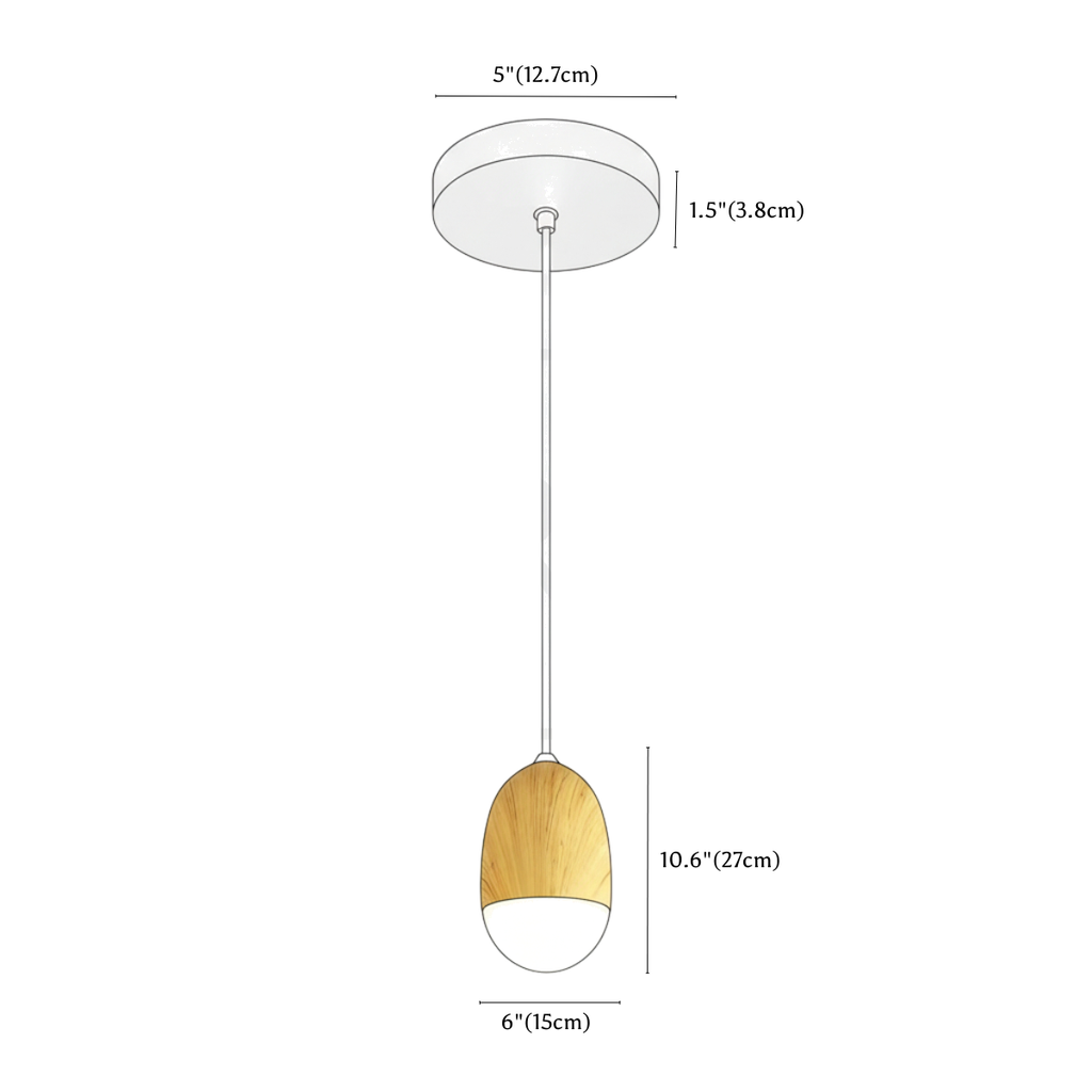 Clérachic pendant light dimension drawing, A D6 15 cm x H10.6 27 cm, every measurement marked in centimetres and inches.