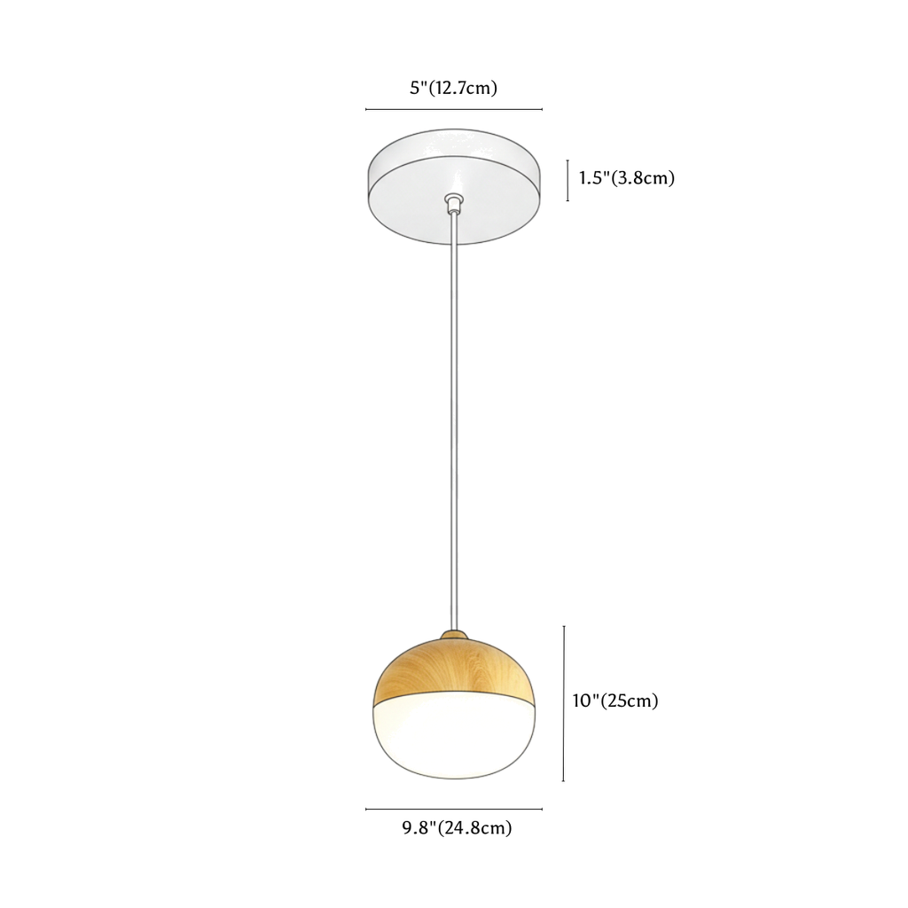 Clérachic pendant light dimension drawing, B D9.8 24.8 cm x H10 25 cm, every measurement marked in centimetres and inches.