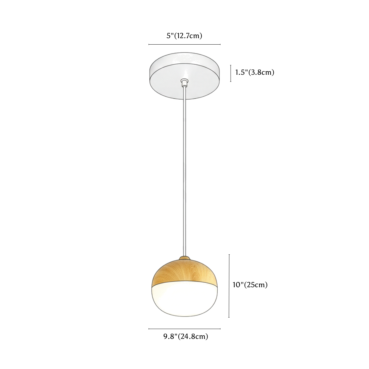 Clérachic pendant light dimension drawing, B D9.8 24.8 cm x H10 25 cm, every measurement marked in centimetres and inches.