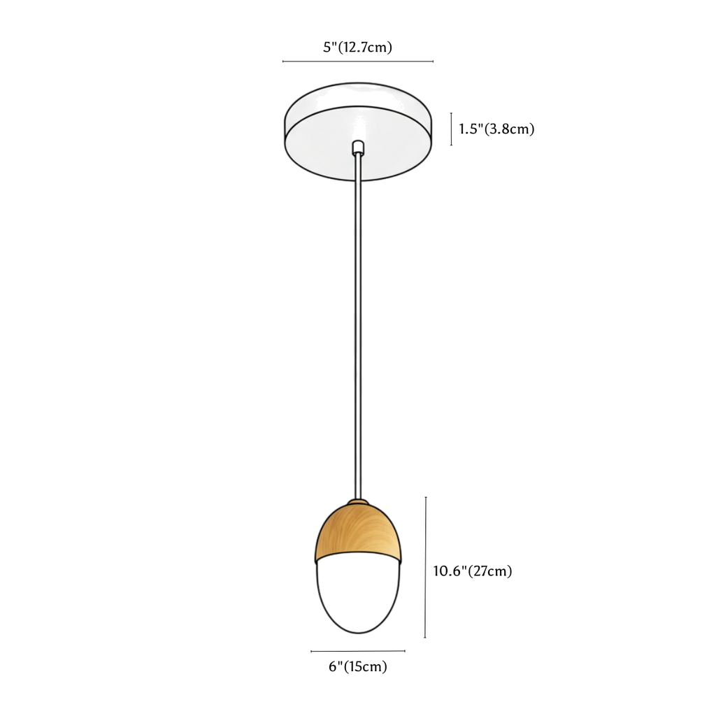 Clérachic pendant light dimension drawing, C D6 15 cm x H10.6 27 cm, every measurement marked in centimetres and inches.