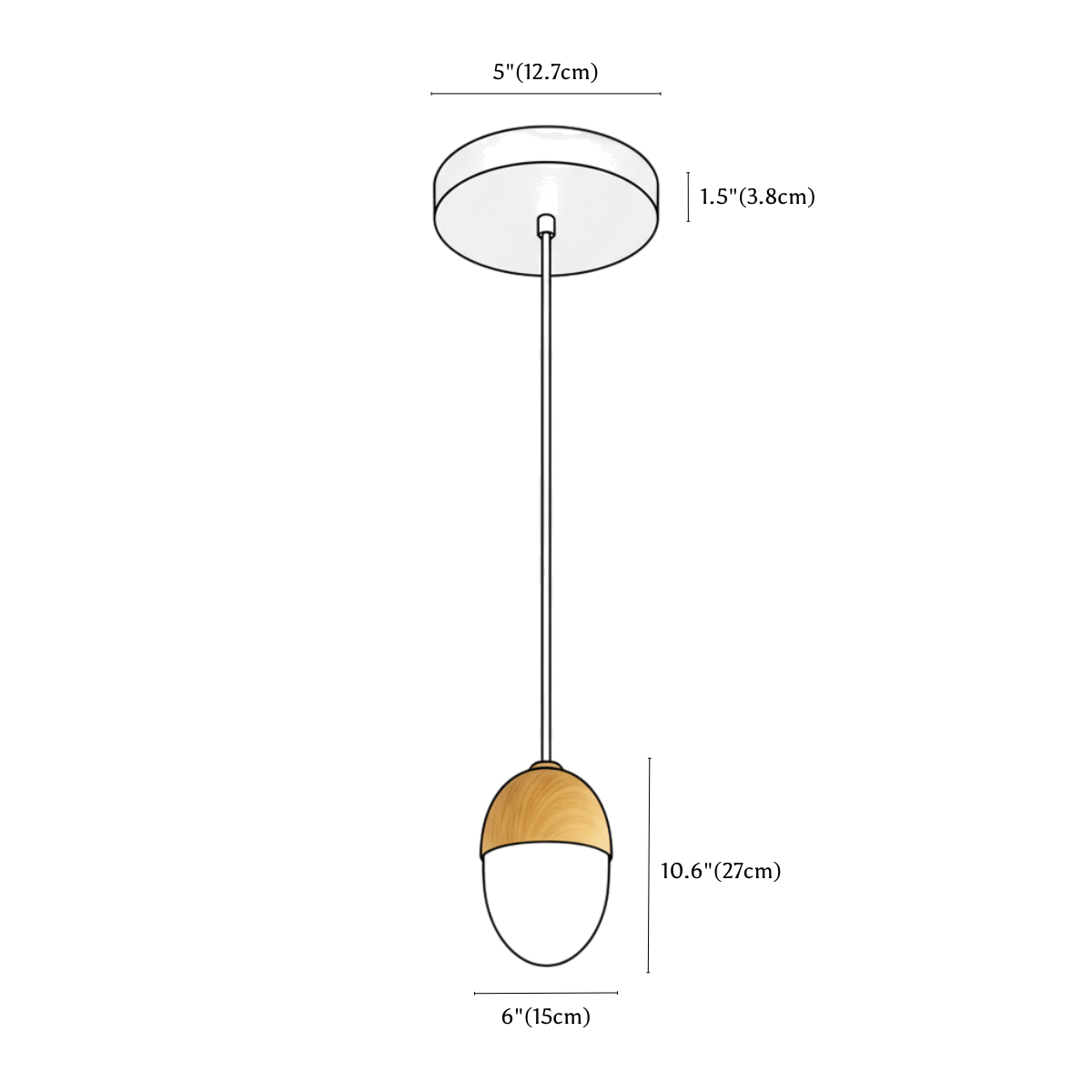 Clérachic pendant light dimension drawing, C D6 15 cm x H10.6 27 cm, every measurement marked in centimetres and inches.