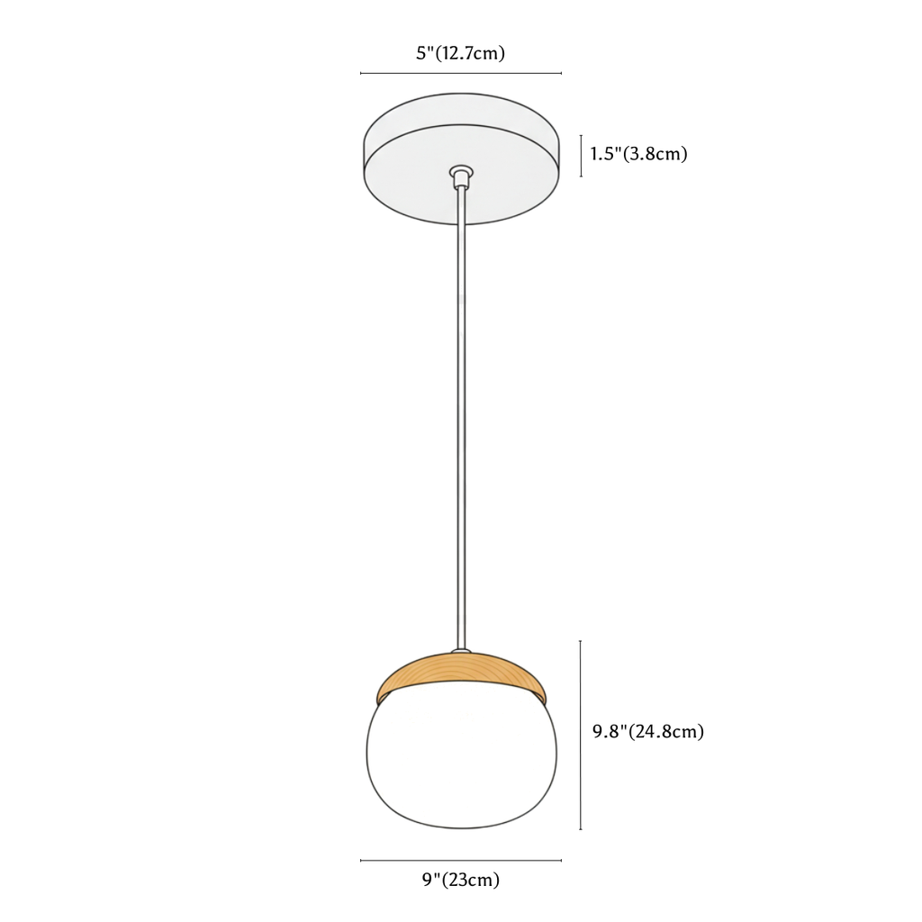 Clérachic pendant light dimension drawing, D D9 23 cm x H9.8 24.8 cm, every measurement marked in centimetres and inches.